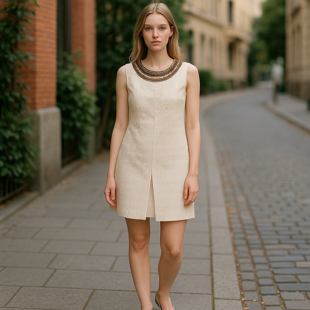 Melissa Odabash Vintage‎ Dress Women's Mod Retro Shift Beaded Cream Size Small
